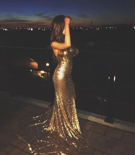 Robe de soirée longue sirène à paillettes dorées, sur mesure, pour demoiselle d'honneur