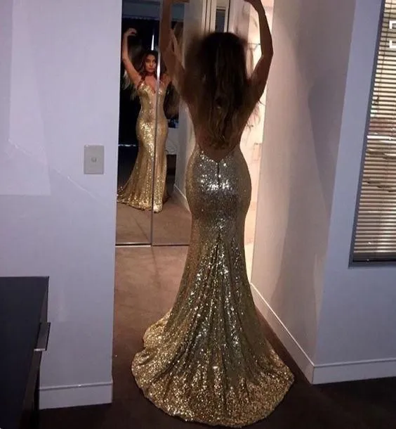 Robe de soirée longue sirène à paillettes dorées, sur mesure, pour demoiselle d'honneur