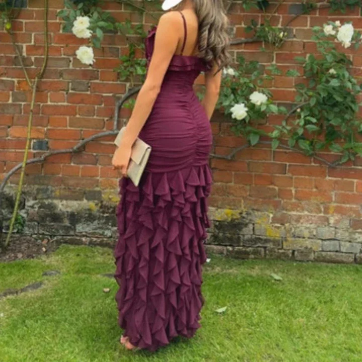 Robe de soirée bordeaux à bretelles spaghetti en mousseline de soie pour femme