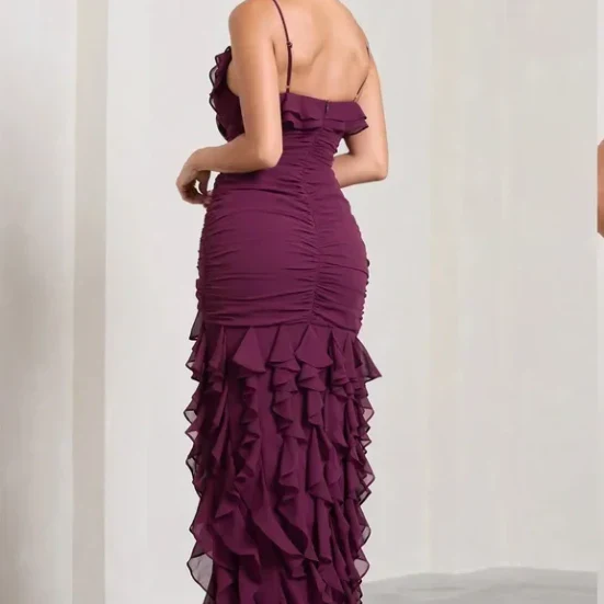 Robe de soirée bordeaux à bretelles spaghetti en mousseline de soie pour femme