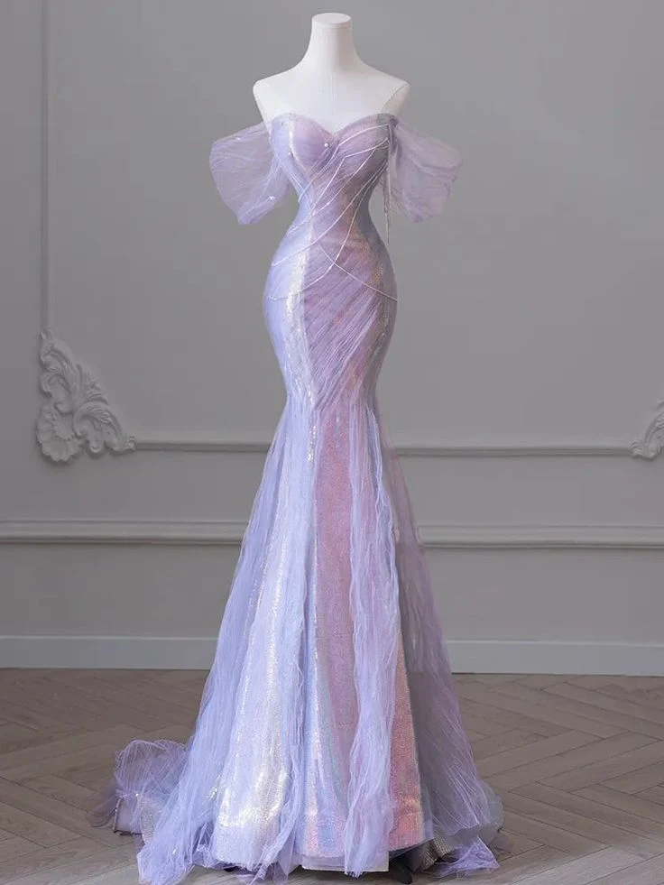 Robe de soirée élégante en tulle à manches bouffantes et perles pour femme