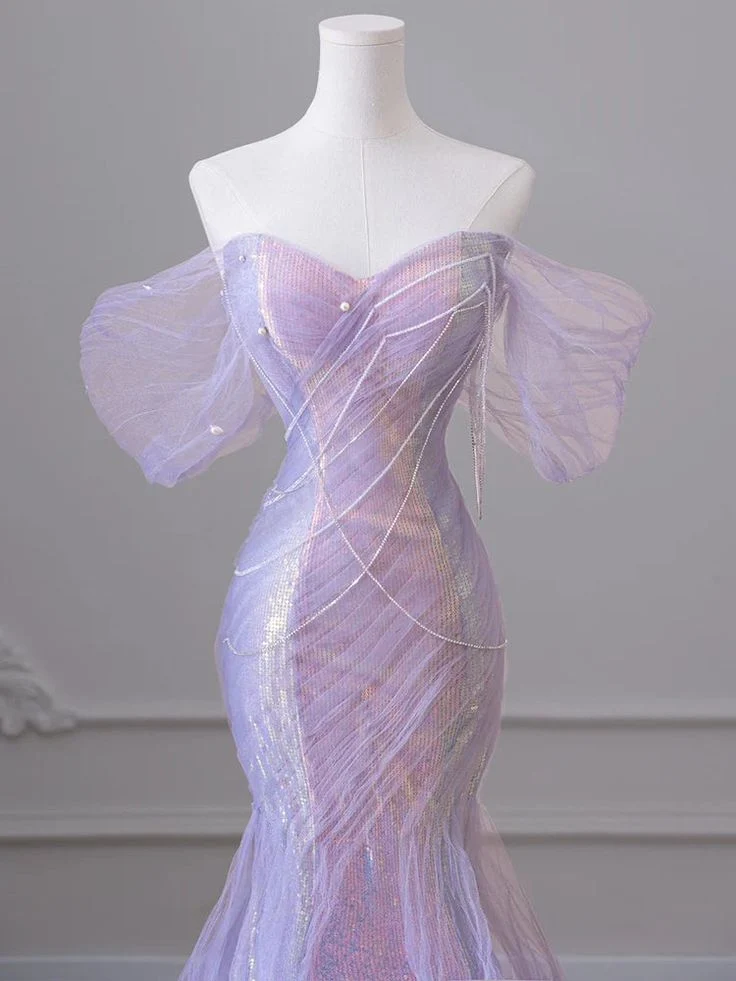 Robe de soirée élégante en tulle à manches bouffantes et perles pour femme