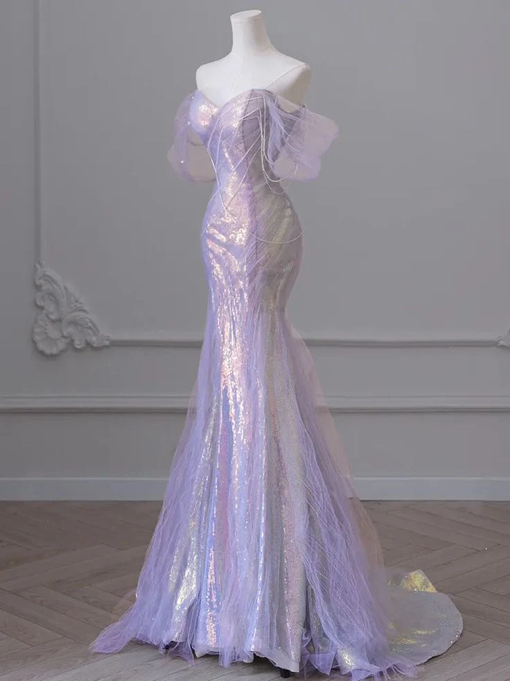 Robe de soirée élégante en tulle à manches bouffantes et perles pour femme