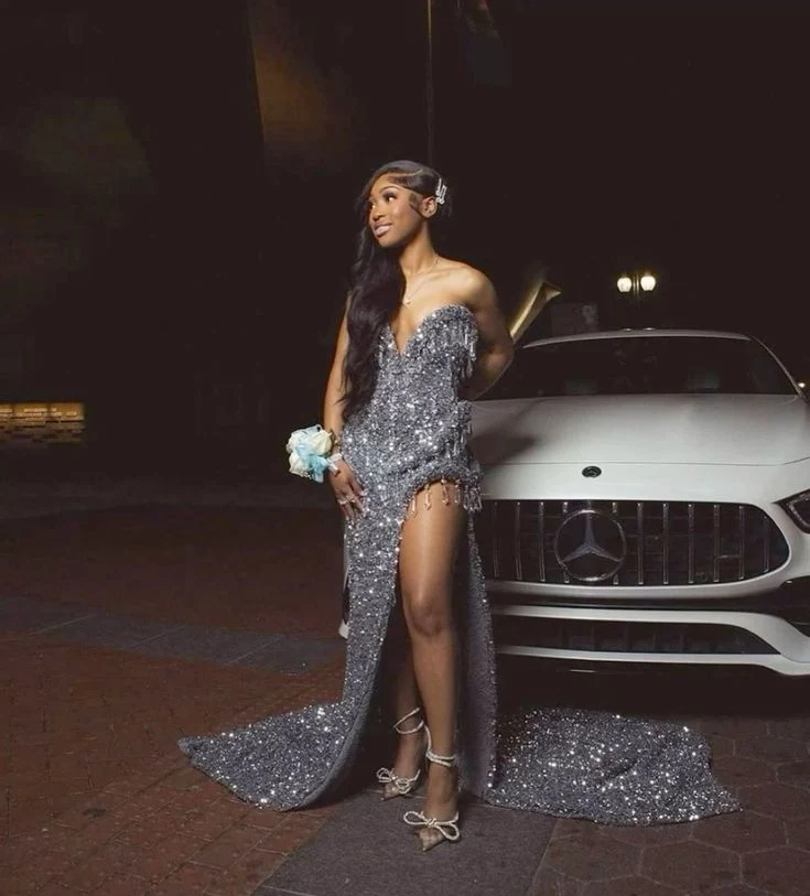 Robe de soirée sirène à paillettes gris argenté pour femme