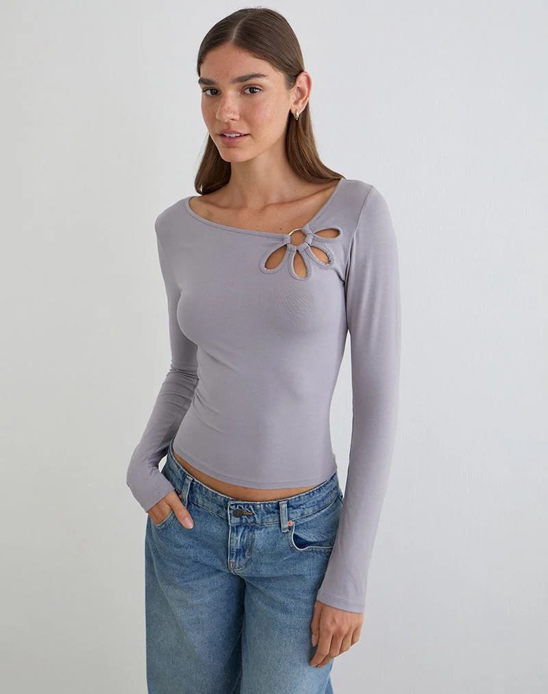 Haut à manches longues Donela avec anneau fleuri, gris lilas