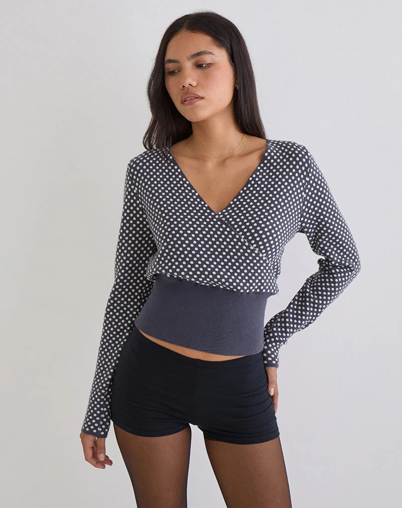 Haut Josina en tricot compact à pois gris et ivoire