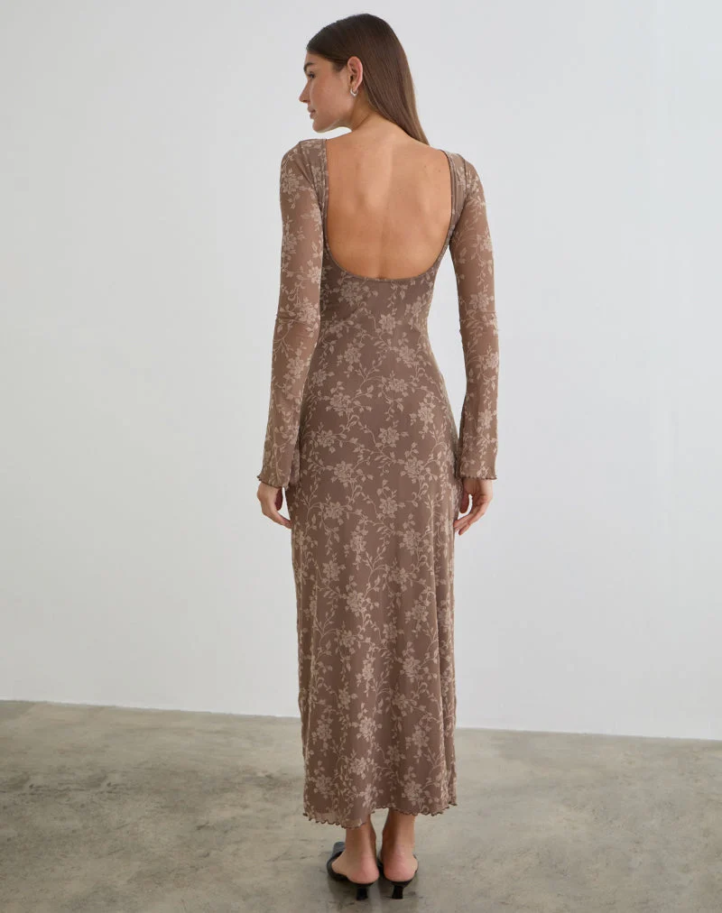 Robe longue Shaleed à motif feuillu floqué taupe foncé