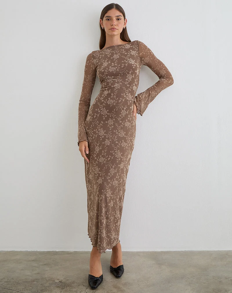 Robe longue Shaleed à motif feuillu floqué taupe foncé