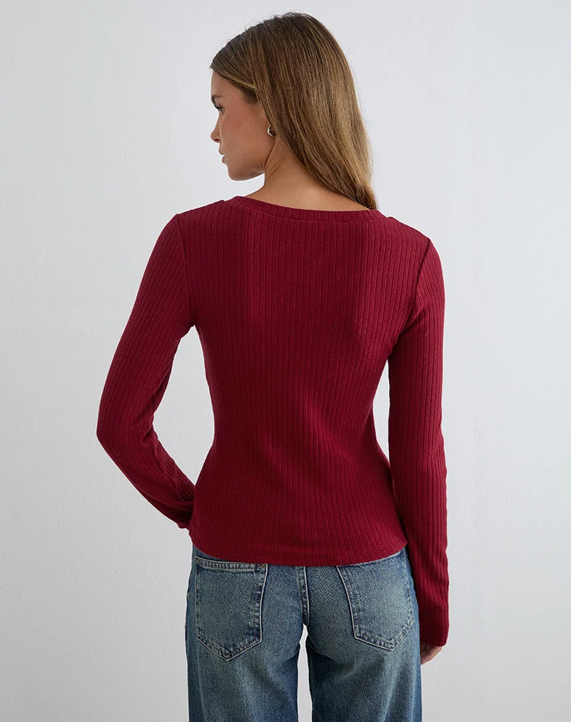 Haut à manches longues boutonné Zinta en tricot côtelé marron foncé