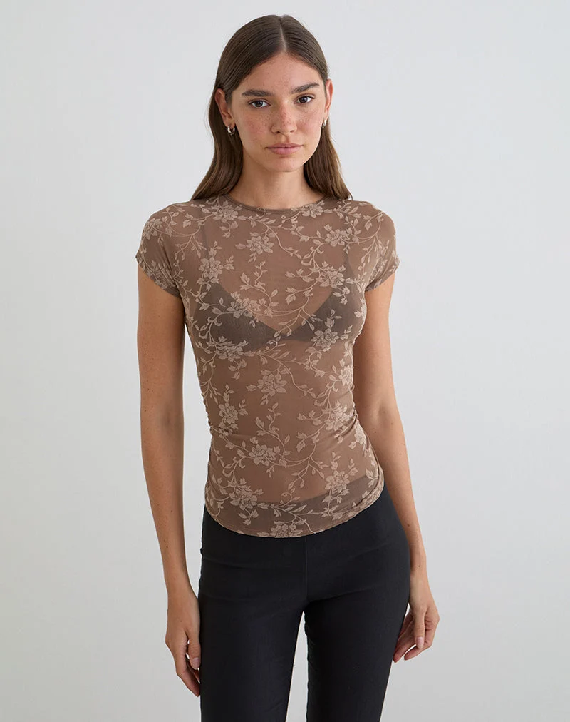 Nouveau haut à motif feuillu floqué taupe foncé