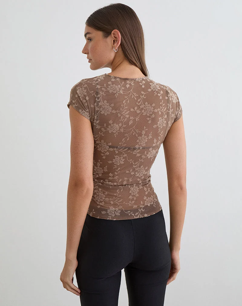 Nouveau haut à motif feuillu floqué taupe foncé