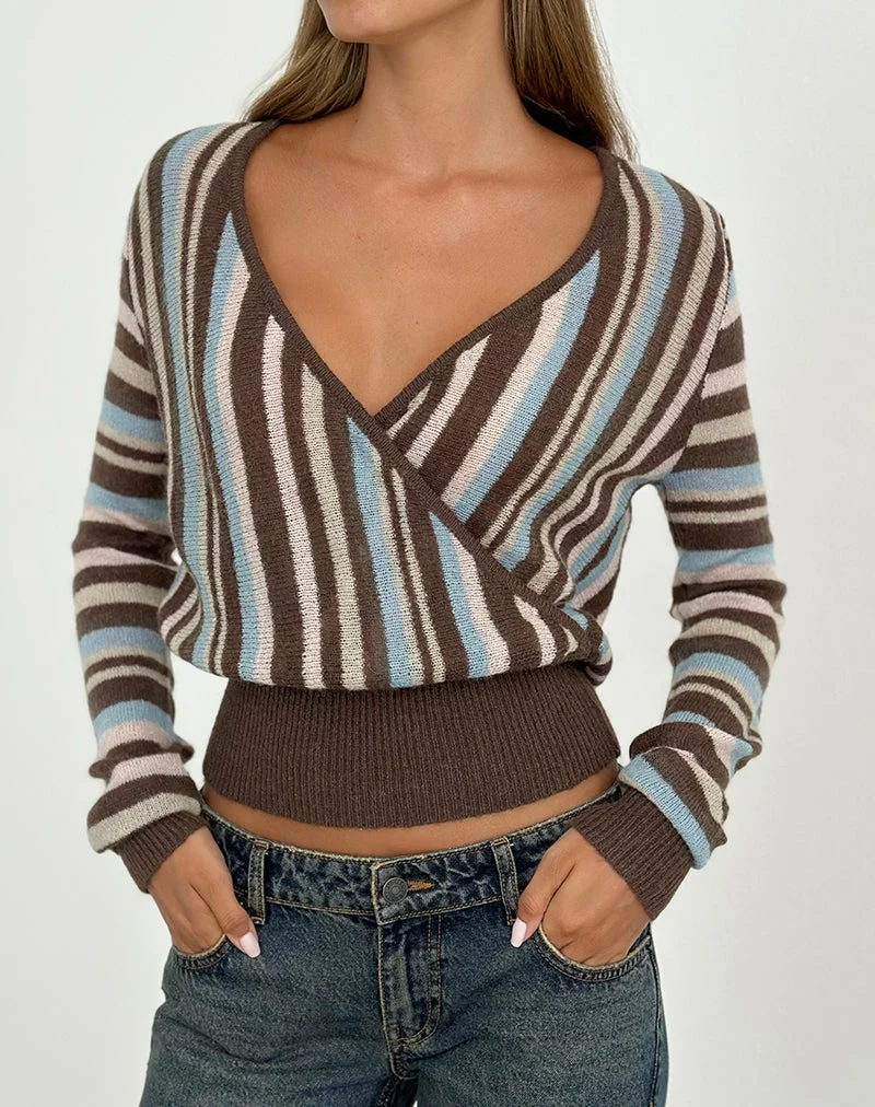 Haut cache-cœur Nilza en tricot rayé marron