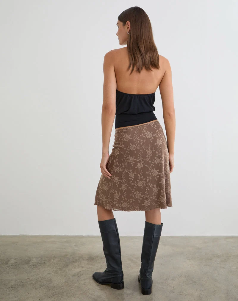 Jupe midi Elif à motif feuillu floqué taupe foncé