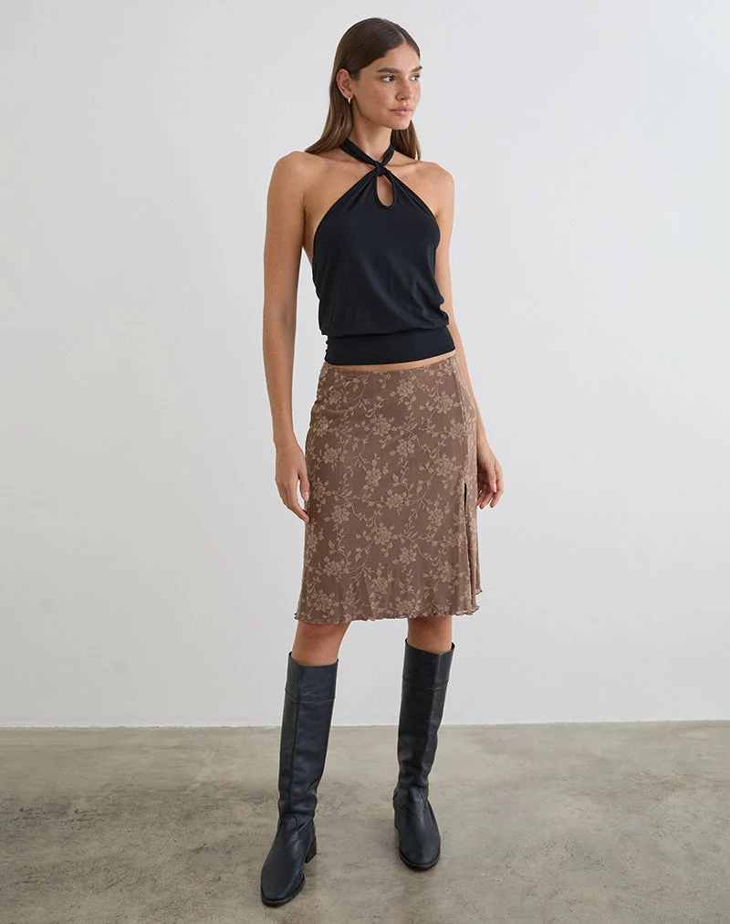 Jupe midi Elif à motif feuillu floqué taupe foncé