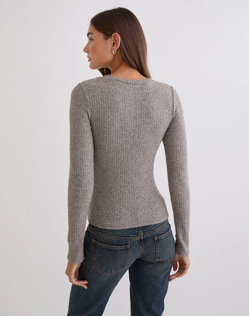 Haut à manches longues boutonné Zinta en tricot côtelé gris