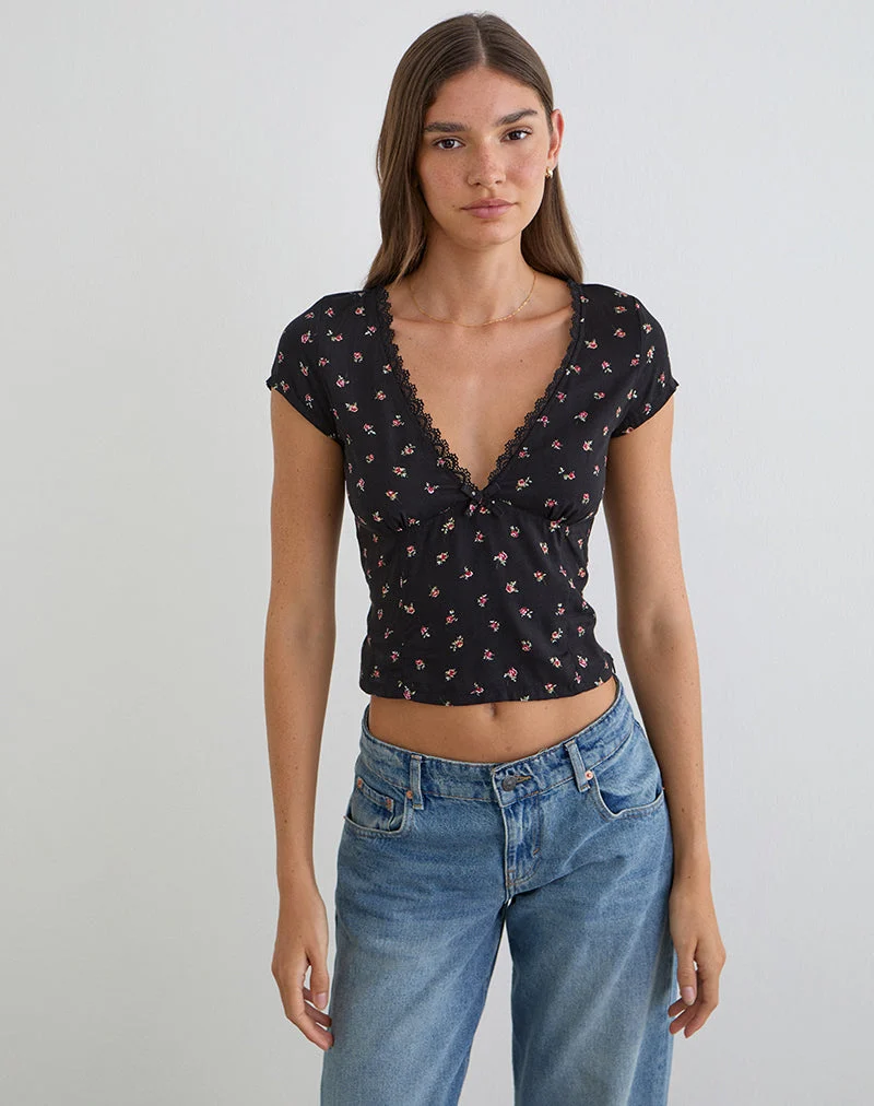 Haut Asana noir avec imprimé rose rouge Ditsy