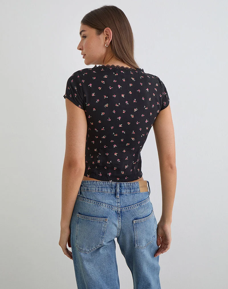 Haut Asana noir avec imprimé rose rouge Ditsy