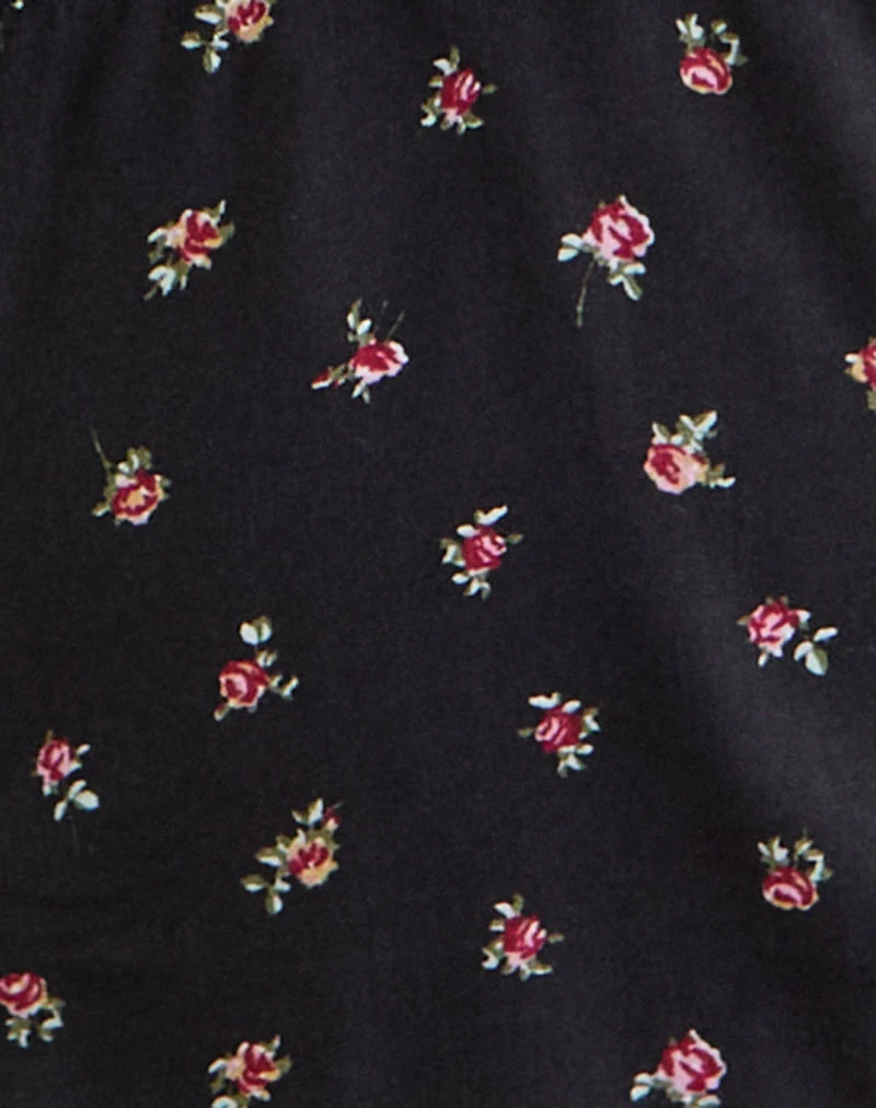Haut Asana noir avec imprimé rose rouge Ditsy