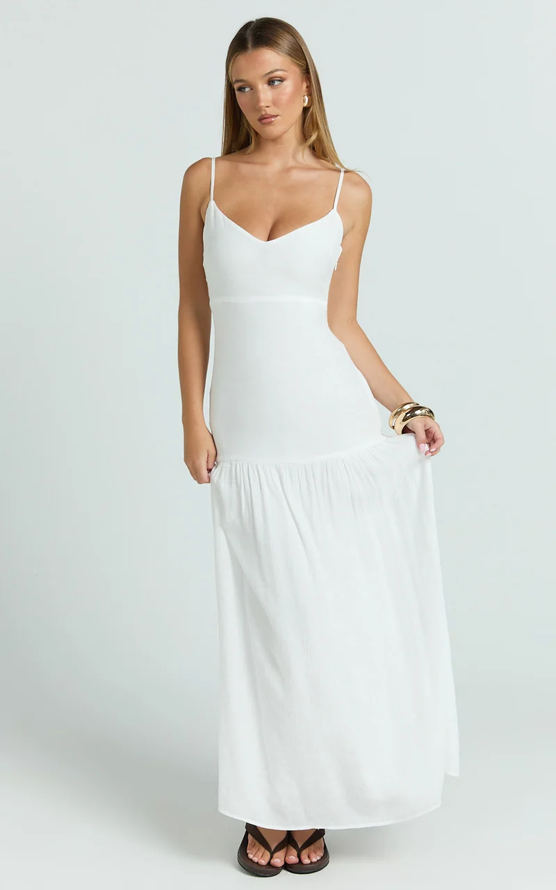 Collins Maxi Dress - V Neck Dropped Waist Gathered Maxi Dress in Off White