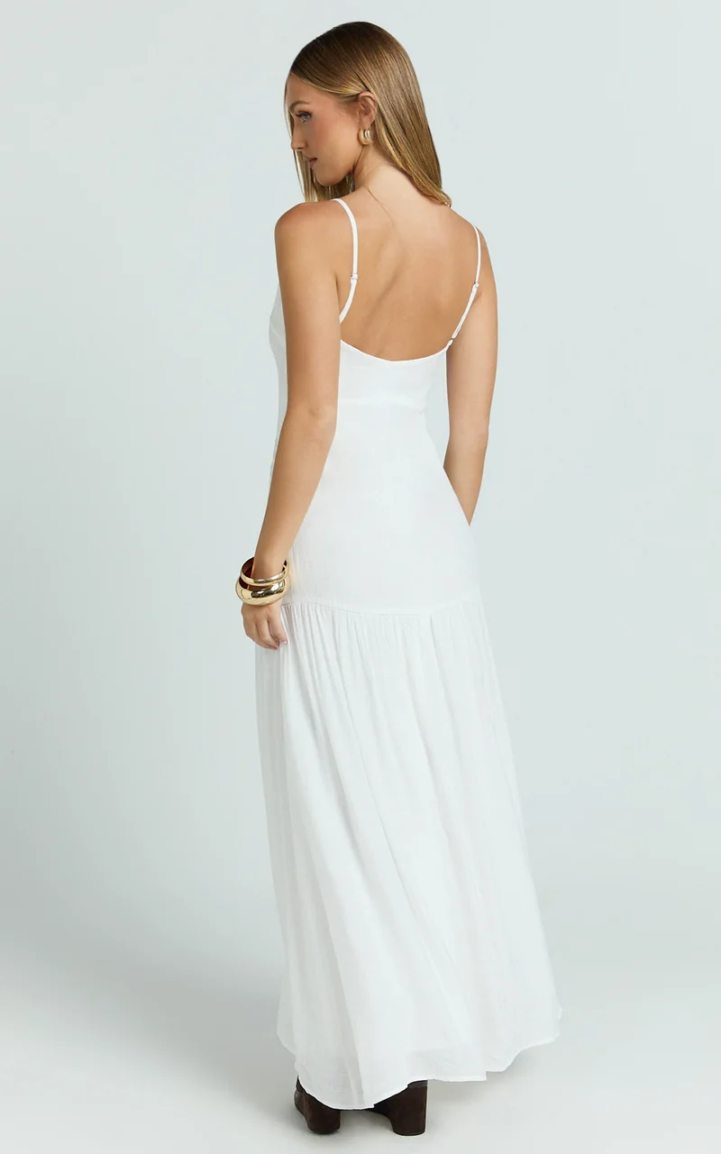 Collins Maxi Dress - V Neck Dropped Waist Gathered Maxi Dress in Off White
