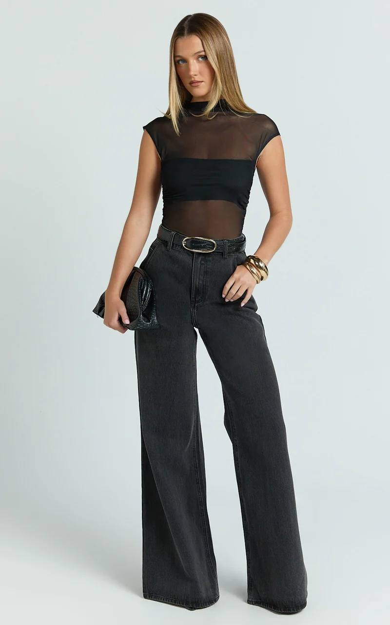 Brayden Bodysuit - High Neck Cap Sleeve Sheer Bodysuit in Black