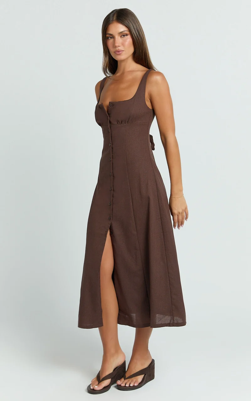 Cameron Midi Dress - Button Front Tie Back Dress in Chocolate