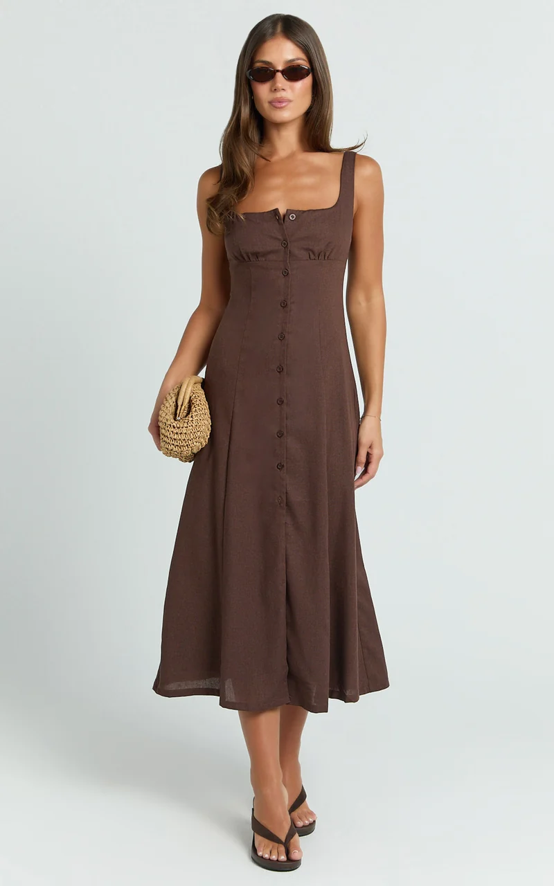 Cameron Midi Dress - Button Front Tie Back Dress in Chocolate