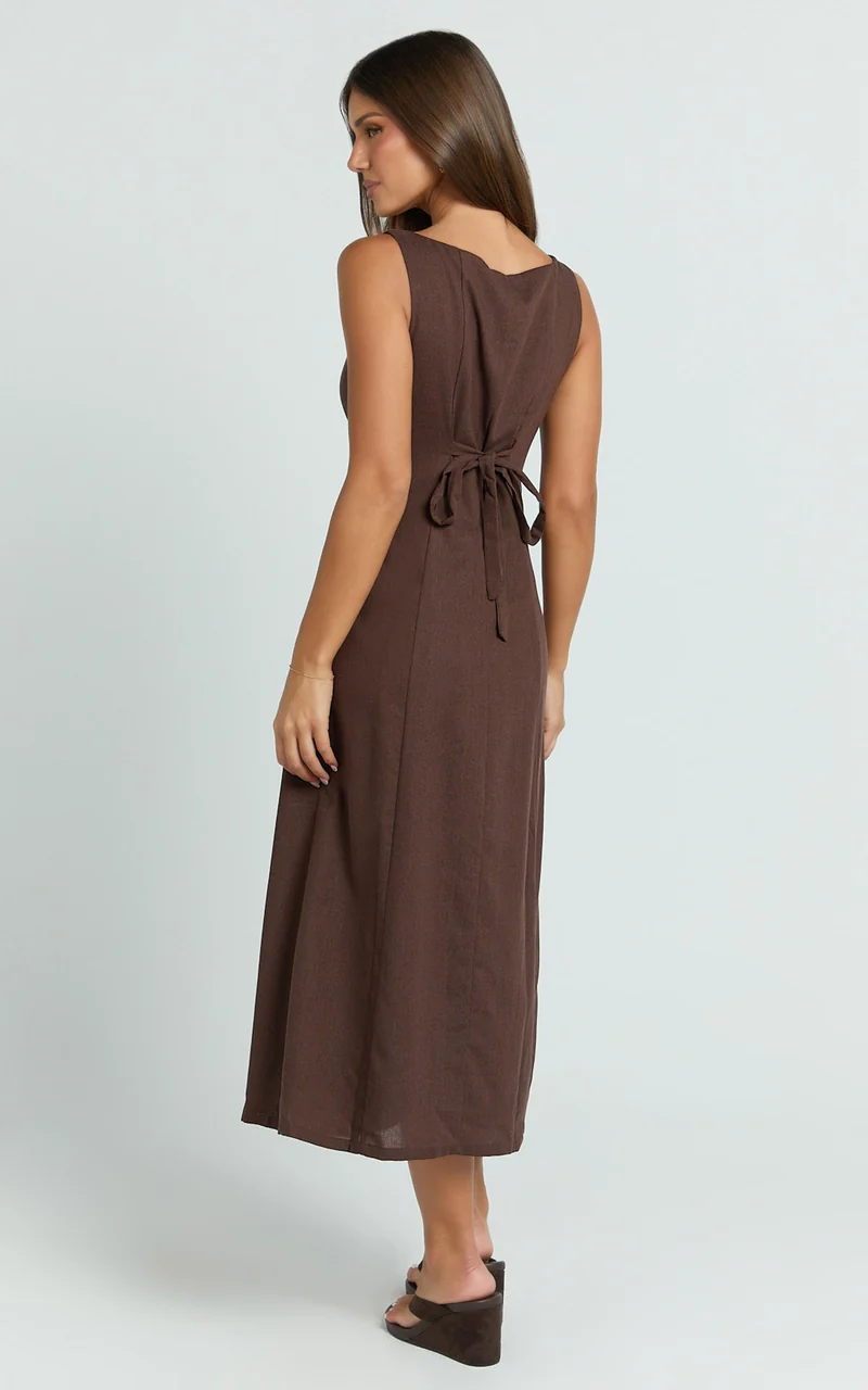 Cameron Midi Dress - Button Front Tie Back Dress in Chocolate