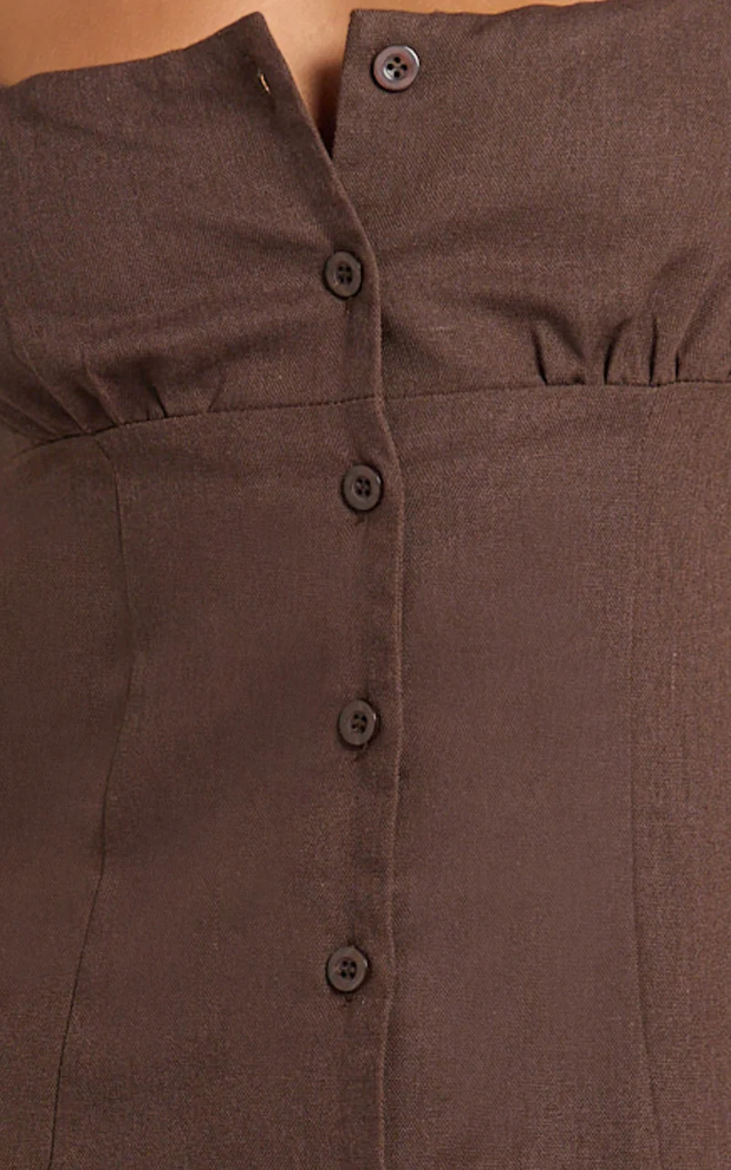 Cameron Midi Dress - Button Front Tie Back Dress in Chocolate
