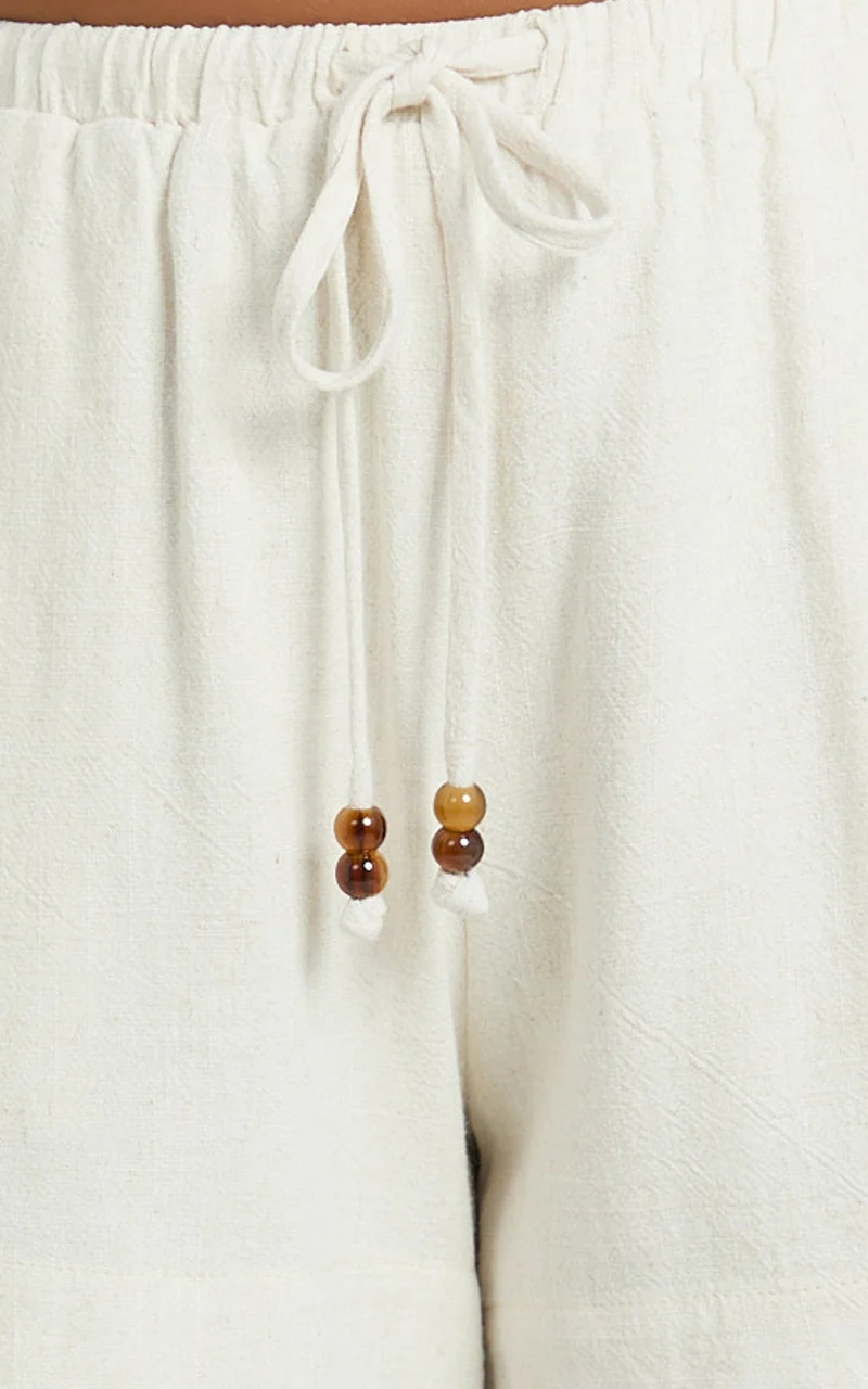 Ruby Short - Beaded Drawstring Relaxed Linen Shorts in Natural