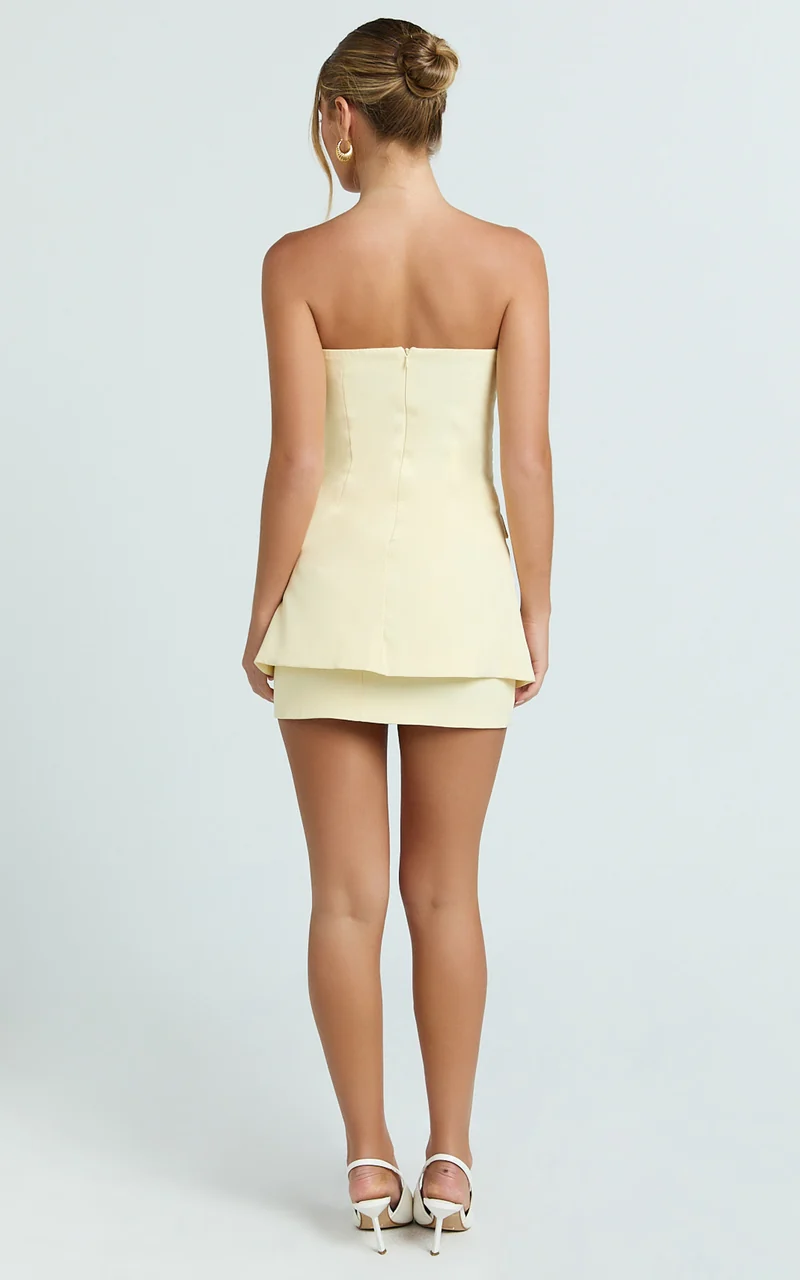 Monroe Two Piece Set - Strapless Button Down Longline Vest Top and High Waisted Mini Skirt in Butter Yellow