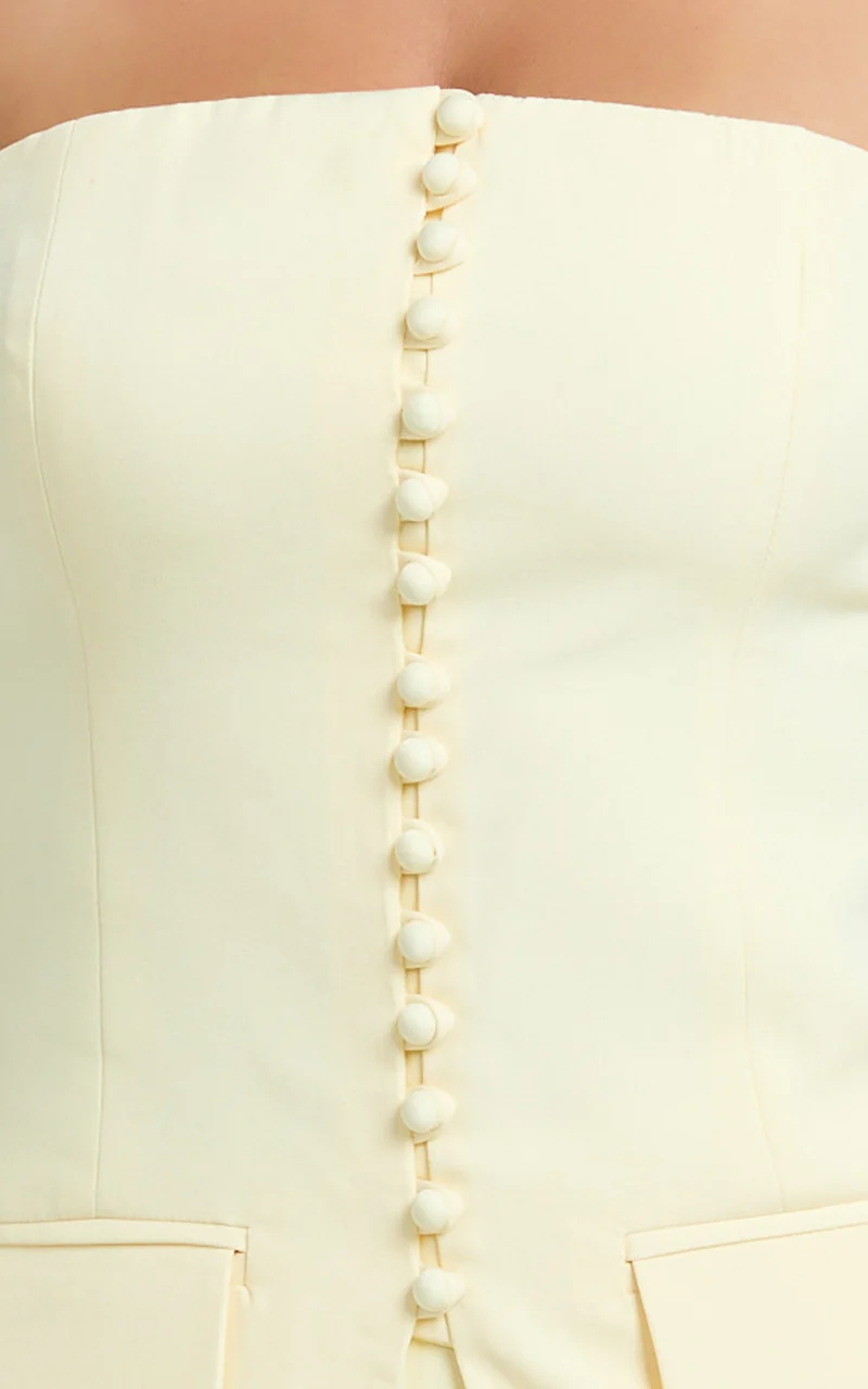 Monroe Two Piece Set - Strapless Button Down Longline Vest Top and High Waisted Mini Skirt in Butter Yellow