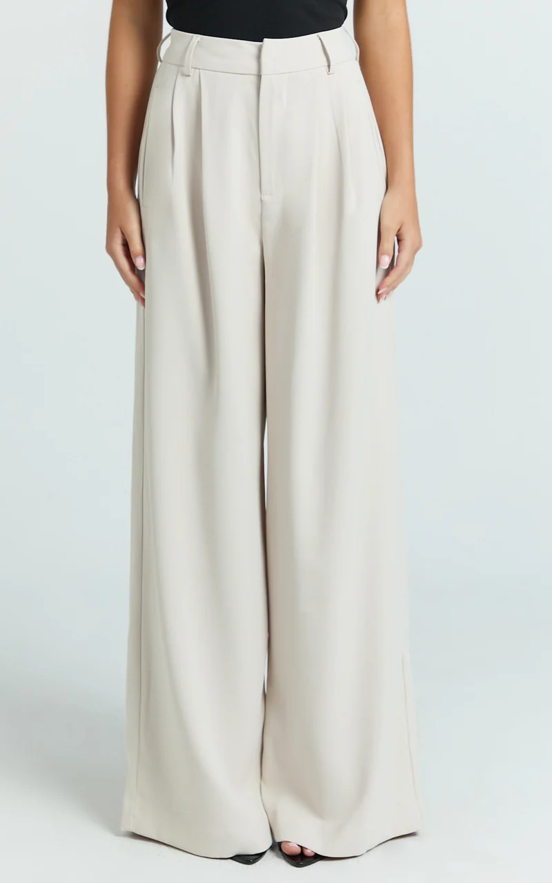 Xandria Pants - Double Pleated Wide Leg Pants in Stone