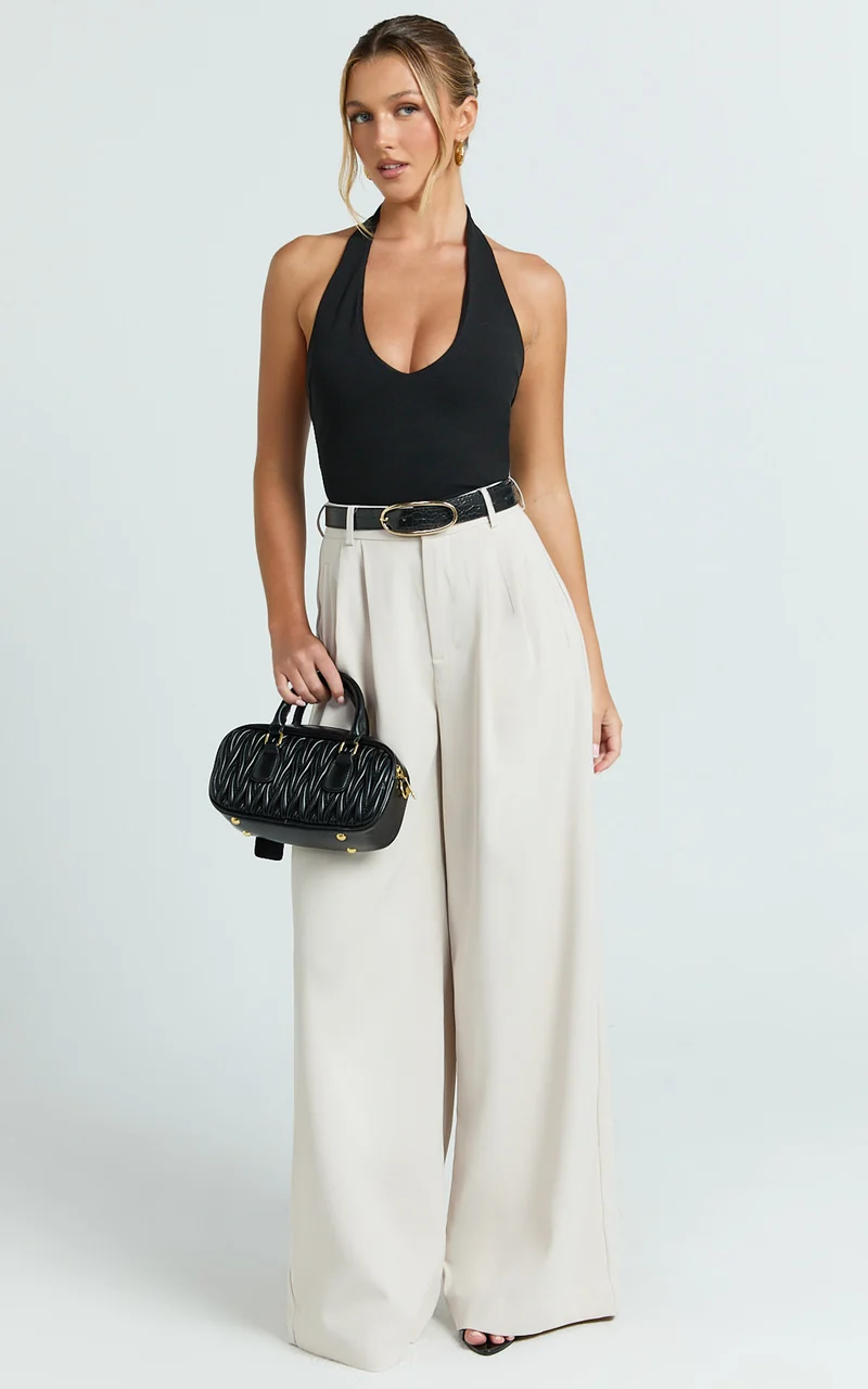 Xandria Pants - Double Pleated Wide Leg Pants in Stone