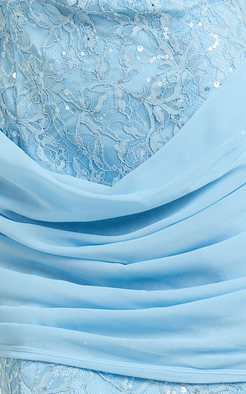Nelly Mini Dress - Strapless Cowl Waist Sash Bodycon Dress in Pale Blue
