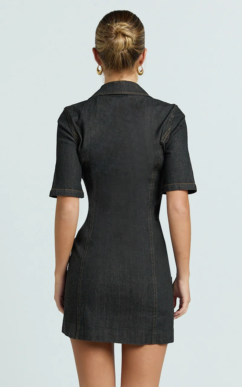Tessie Mini Dress - Zip Front Collared Denim Mini Dress in Black