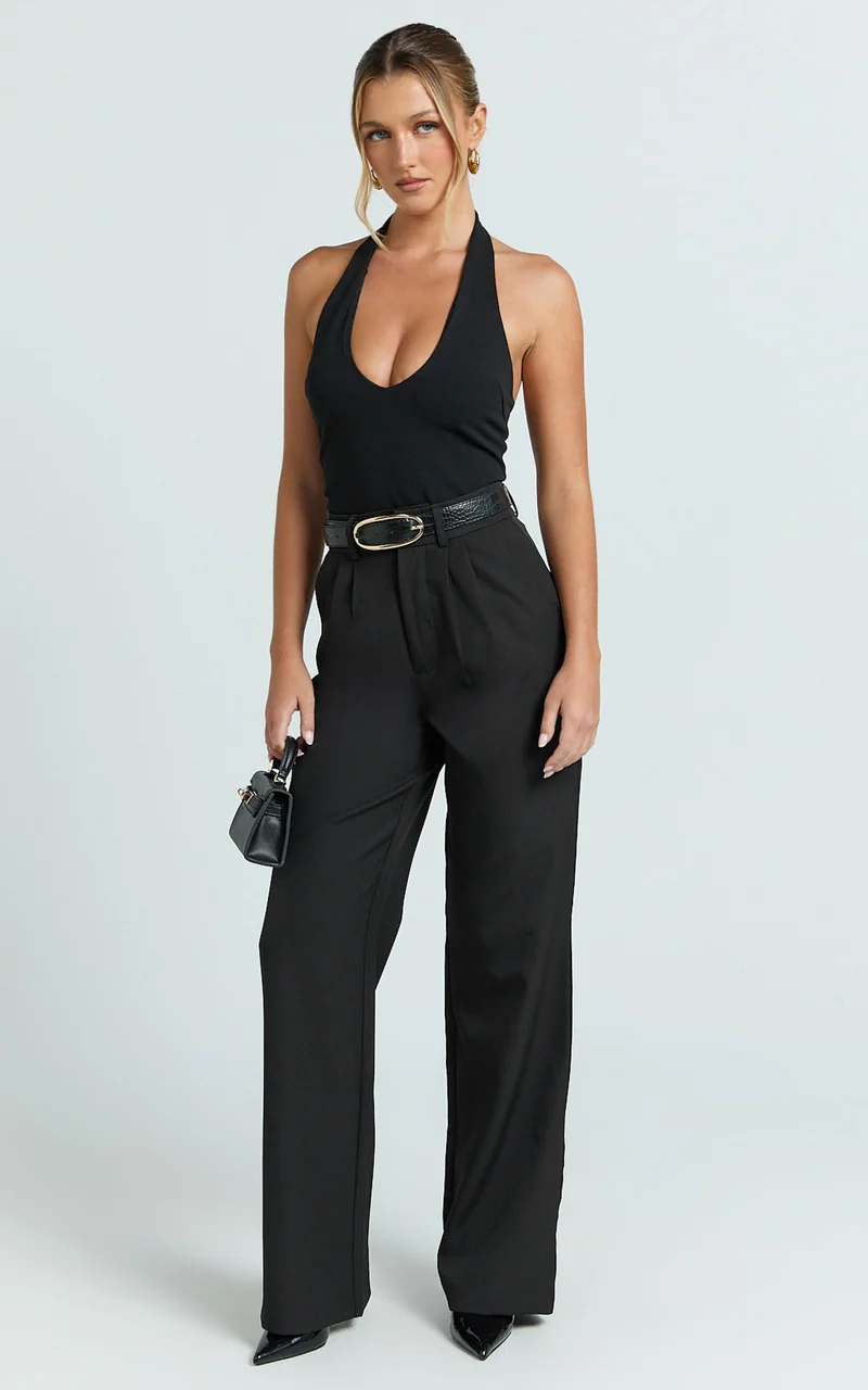 Melissa Pants - Pleat Front Wide Leg Tailored Pants in Black