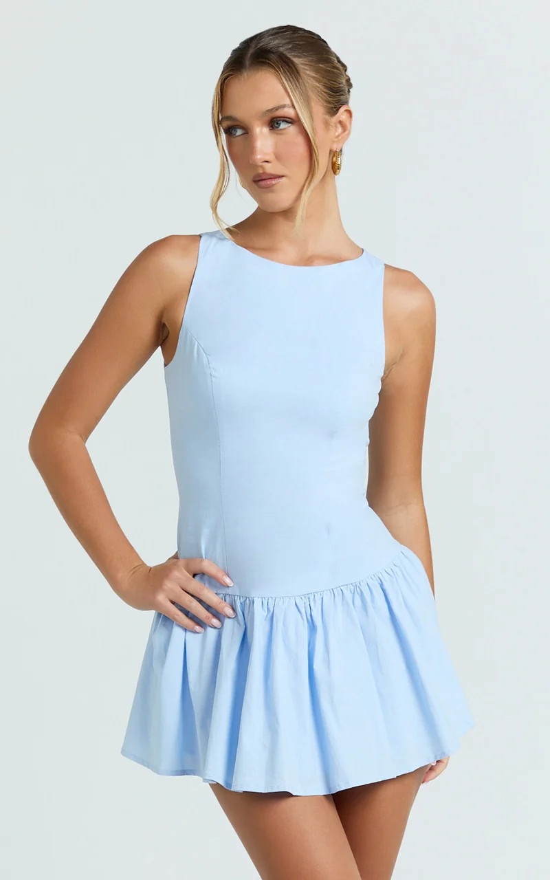 Izira Mini Dress - Boat Neck Drop Waist Shift Dress in Blue