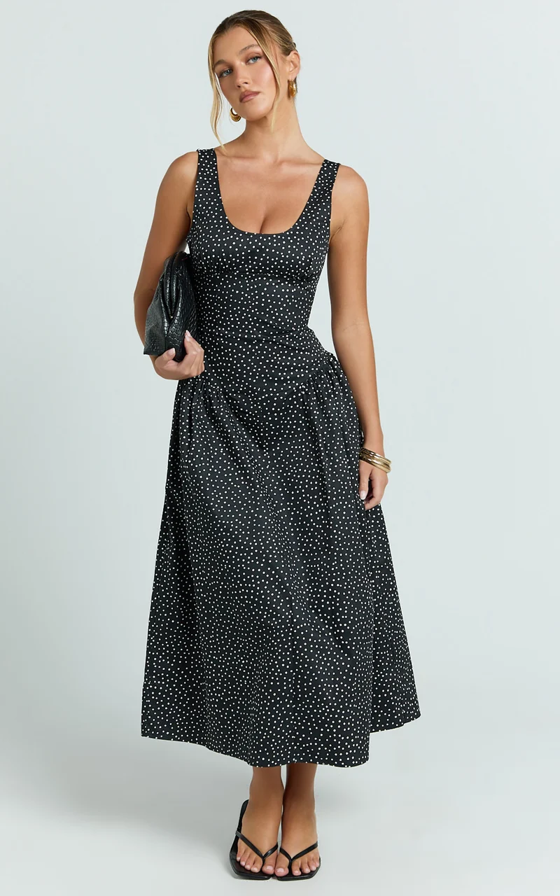 Lioness - Luna Rosa Midi Dress in Noir Polka