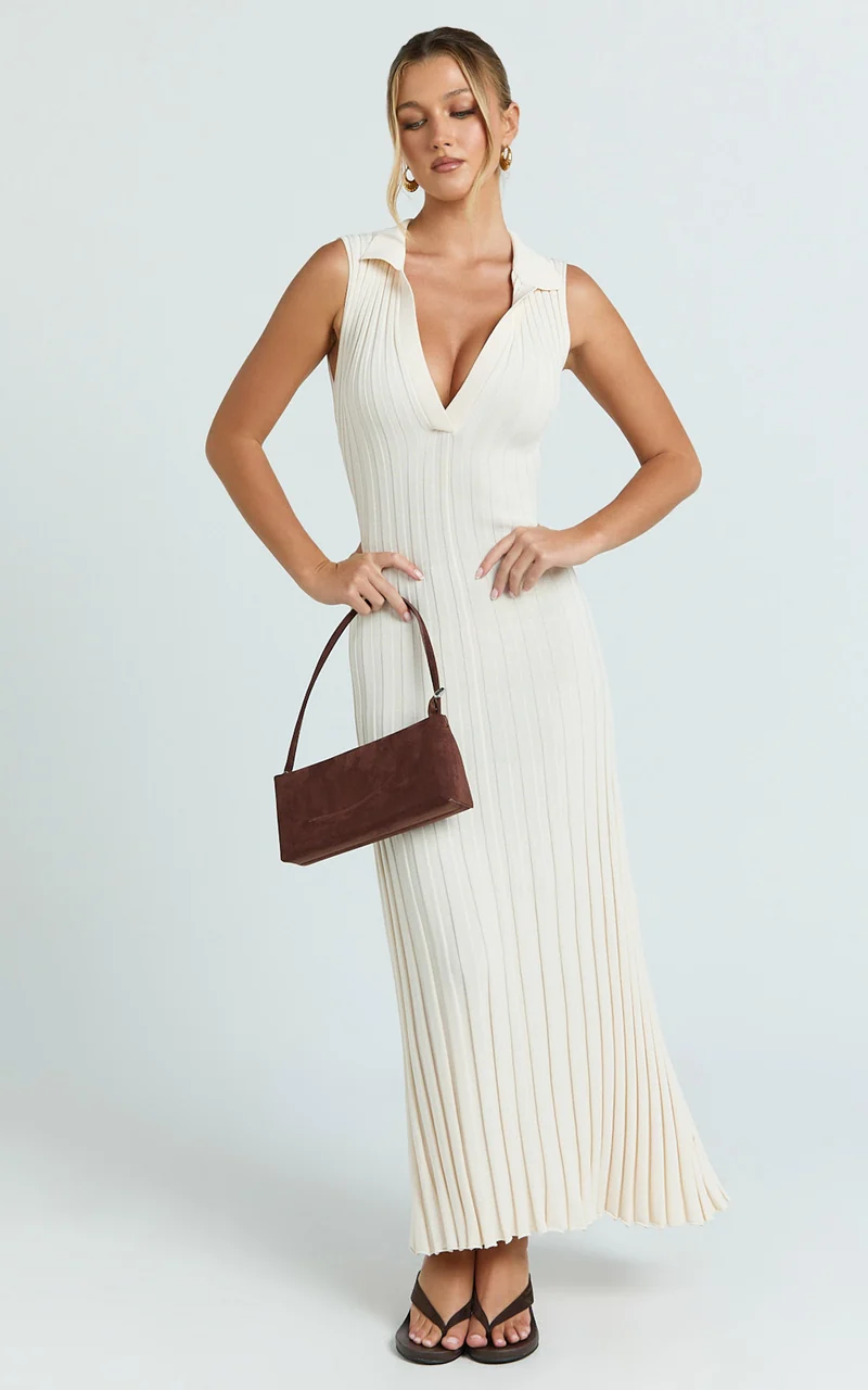 Kara Maxi Dress - Sleeveless Collared V Neck Knit Dress in Cream