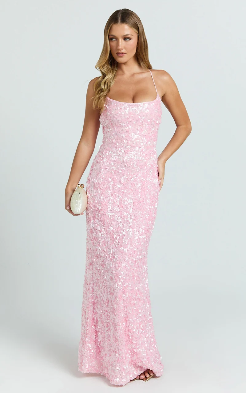 Clara Maxi Dress - Scoop Neck Tie Back Fitted Sequin Dress in Pink