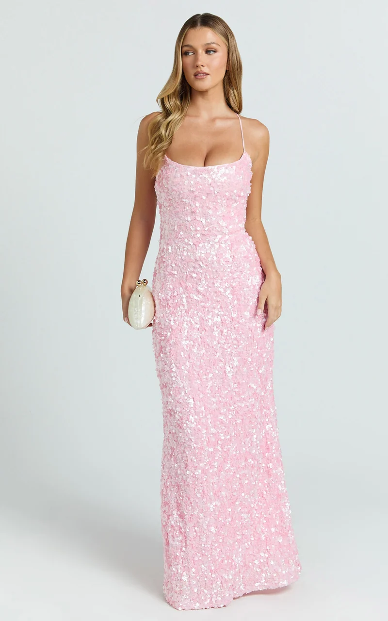 Clara Maxi Dress - Scoop Neck Tie Back Fitted Sequin Dress in Pink