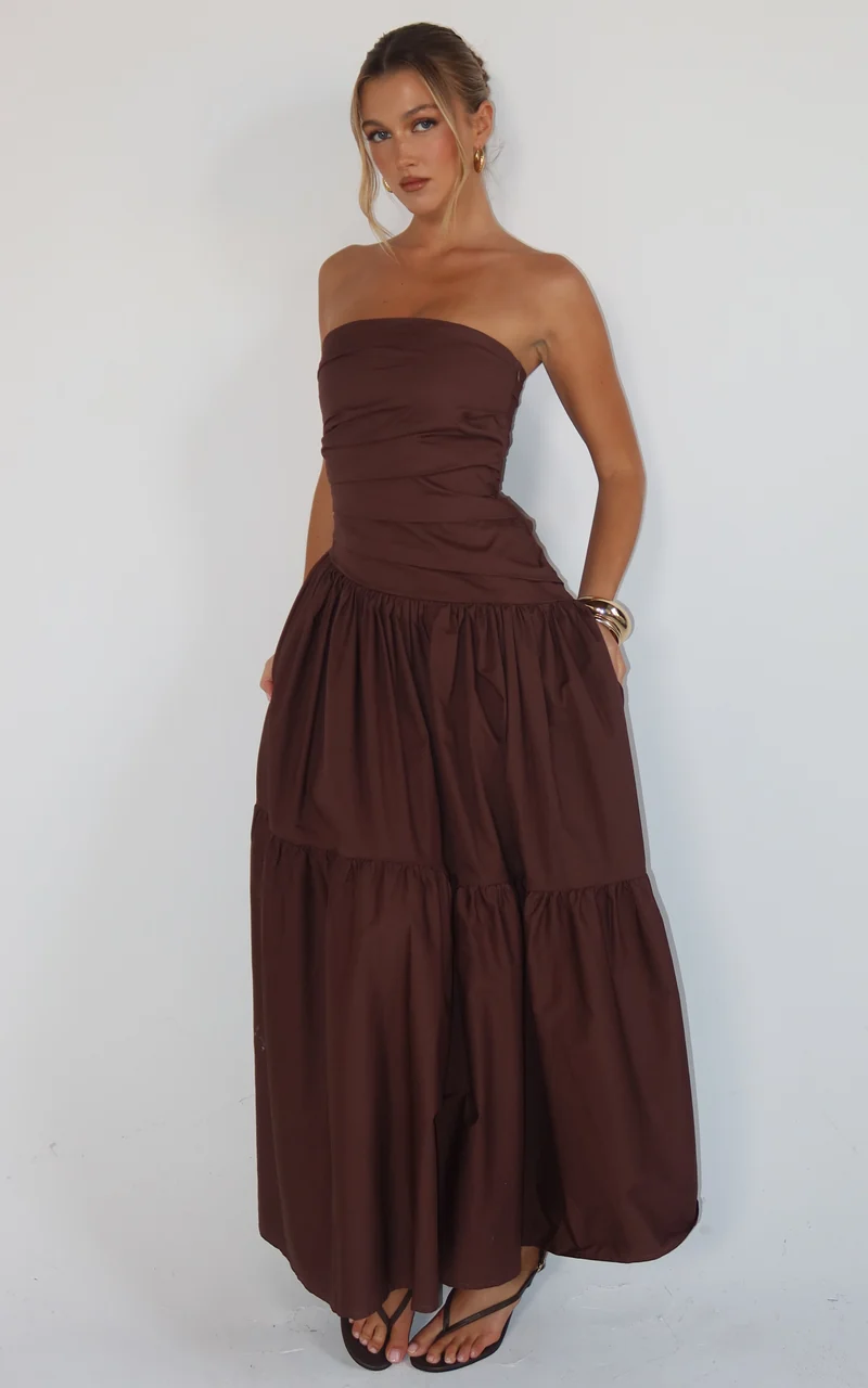 Cora Midi Dress - Strapless Dress in Chocolate