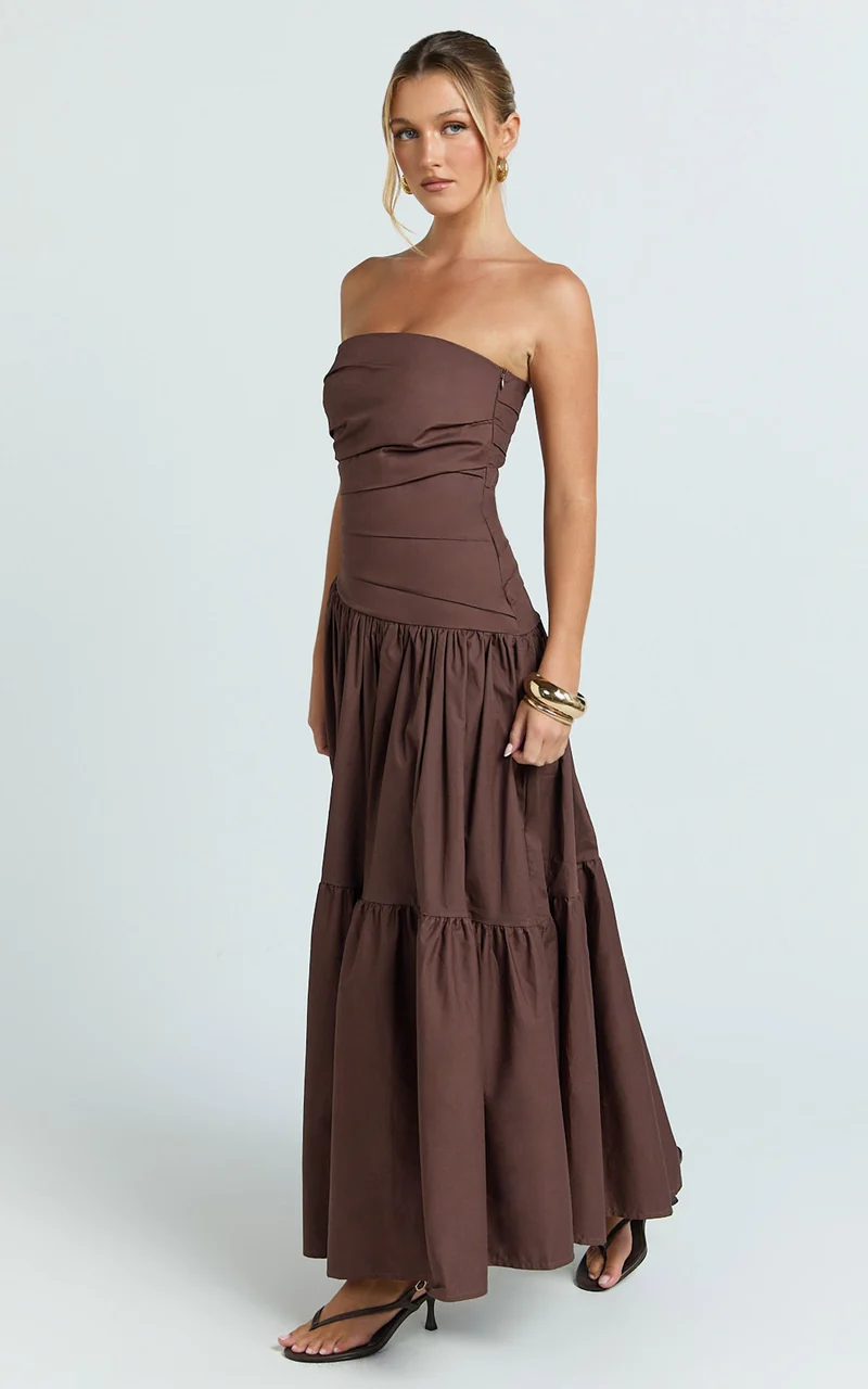 Cora Midi Dress - Strapless Dress in Chocolate