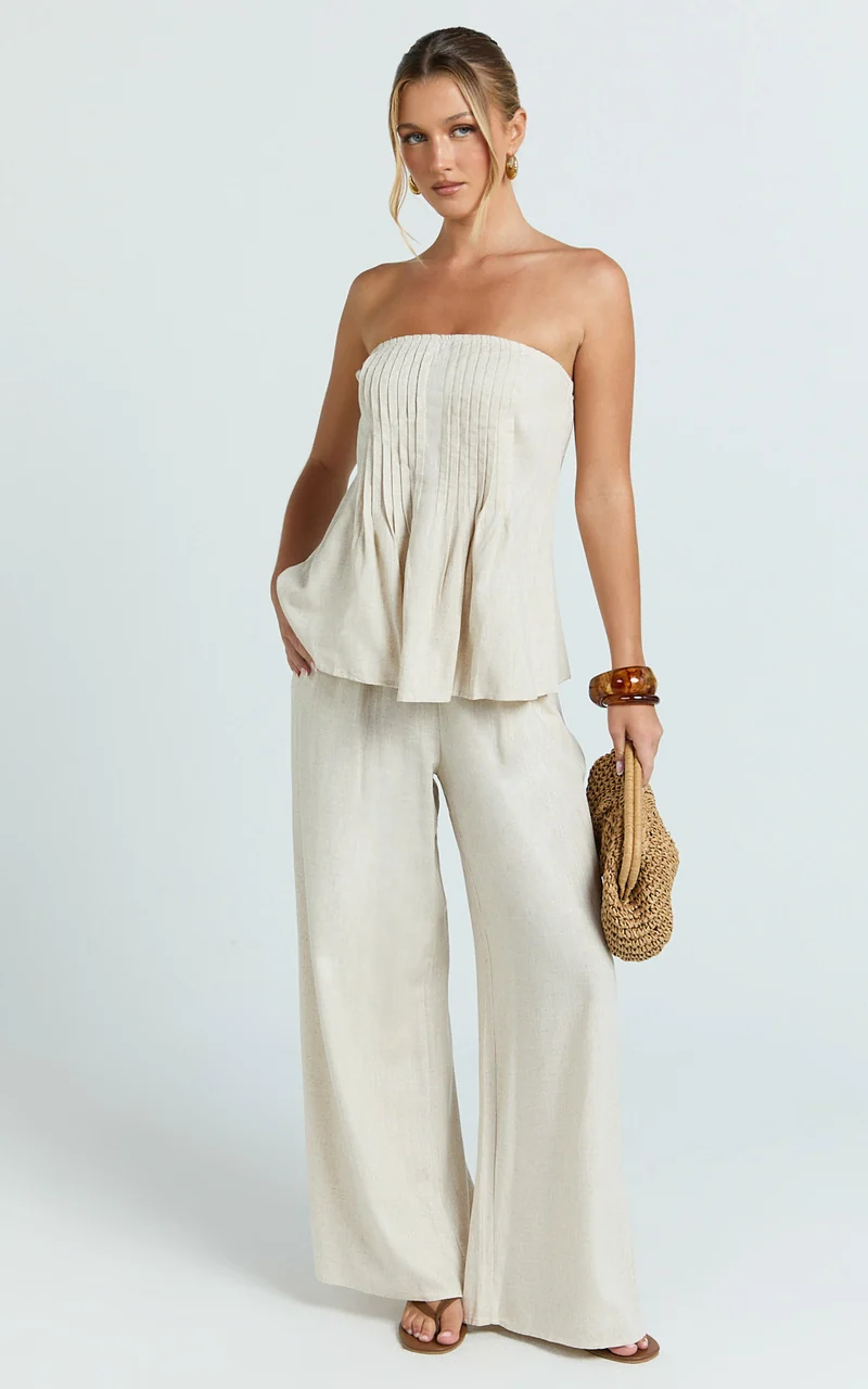 Carli Two Piece Top and Pants Set - Cotton Tube Pant Set in Beige