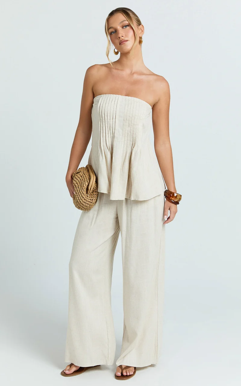 Carli Two Piece Top and Pants Set - Cotton Tube Pant Set in Beige