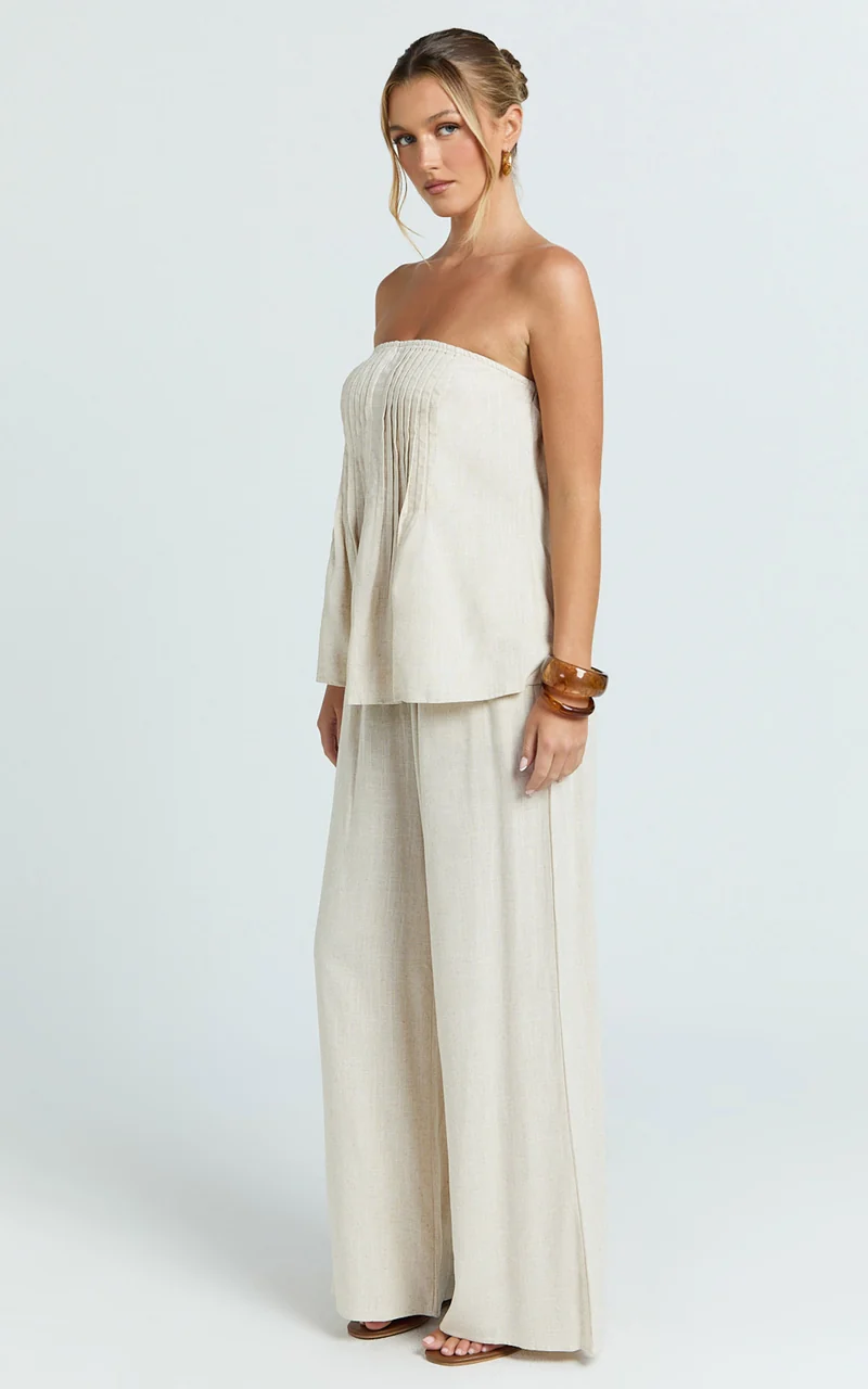 Carli Two Piece Top and Pants Set - Cotton Tube Pant Set in Beige