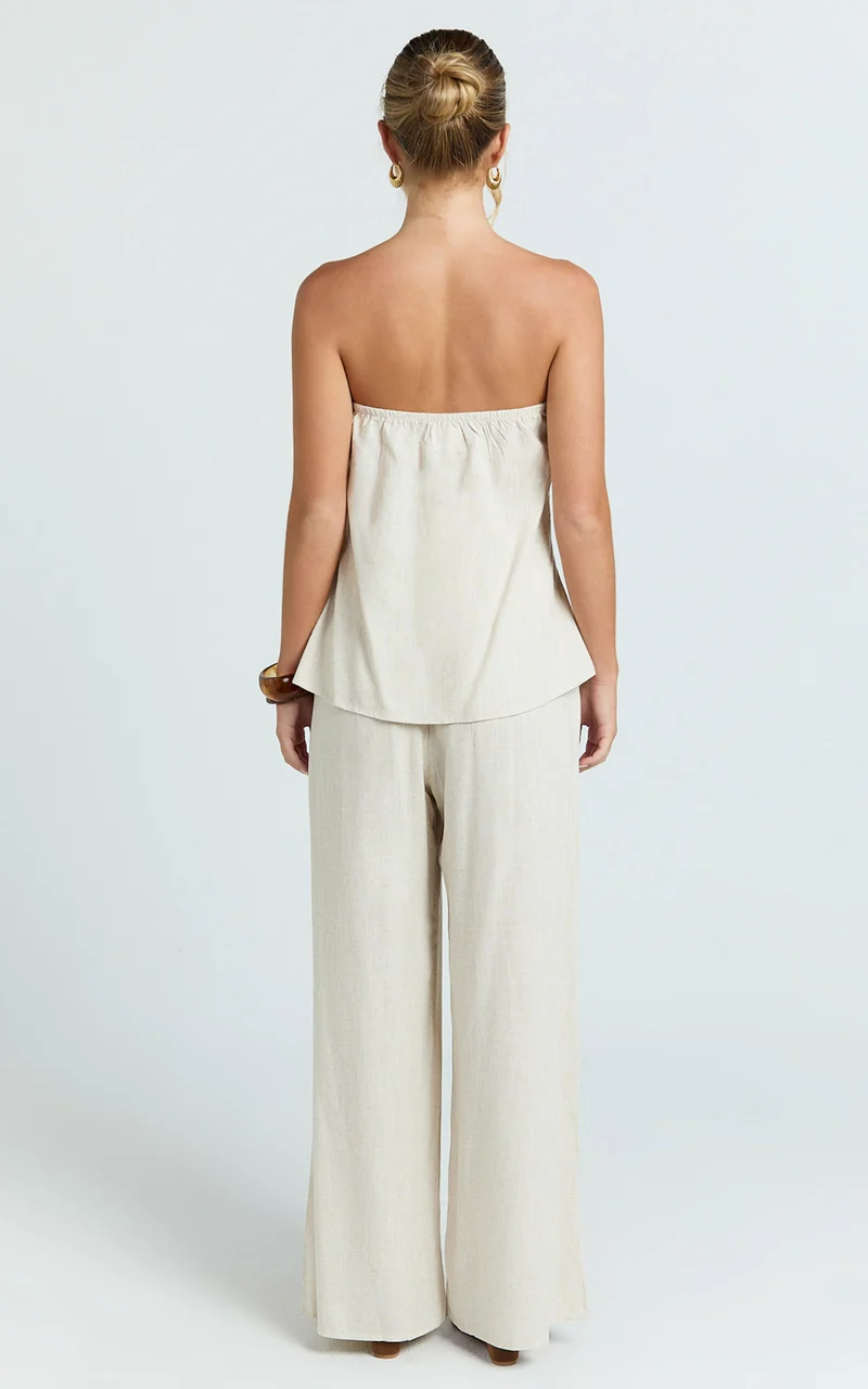 Carli Two Piece Top and Pants Set - Cotton Tube Pant Set in Beige