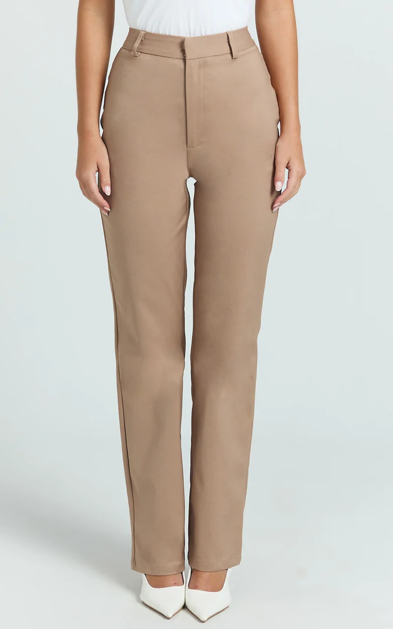 Carolyn Pants - High Waist Slim Straight Leg Tailored Pants in Mocha