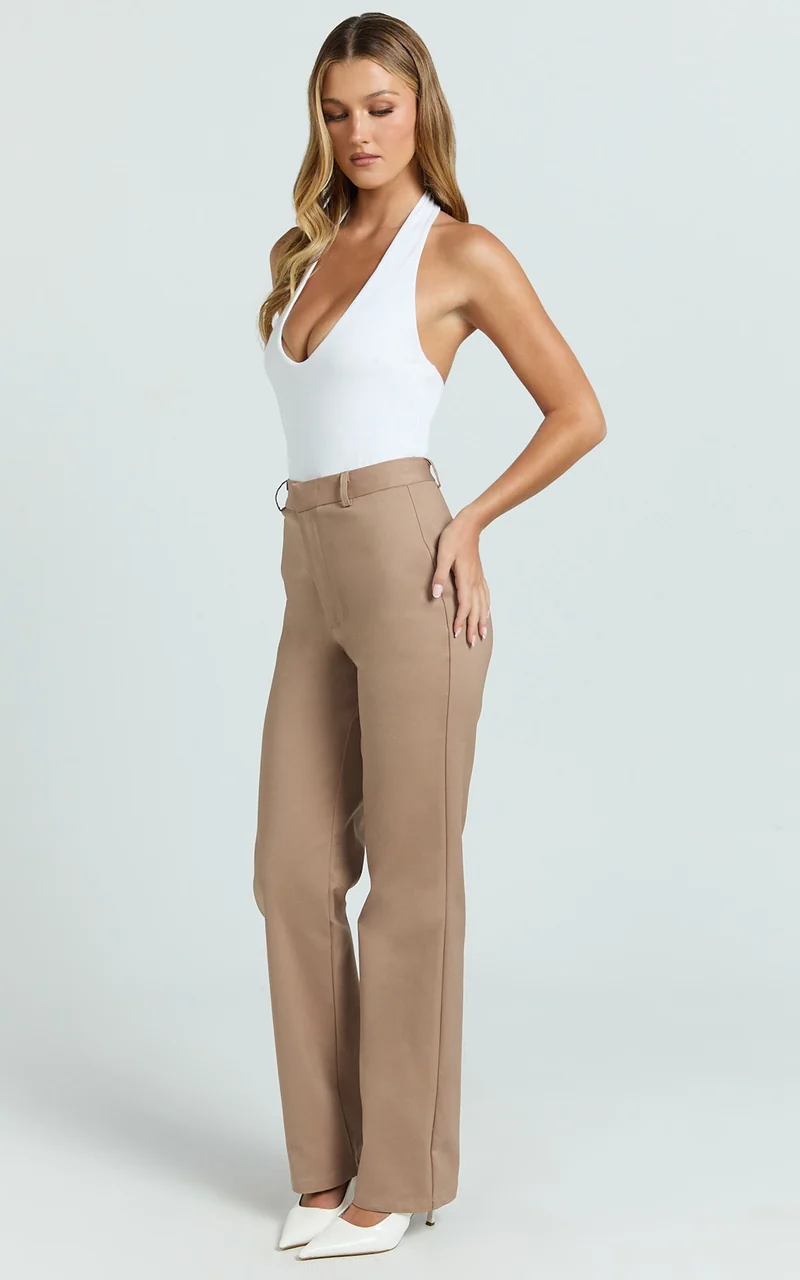 Carolyn Pants - High Waist Slim Straight Leg Tailored Pants in Mocha